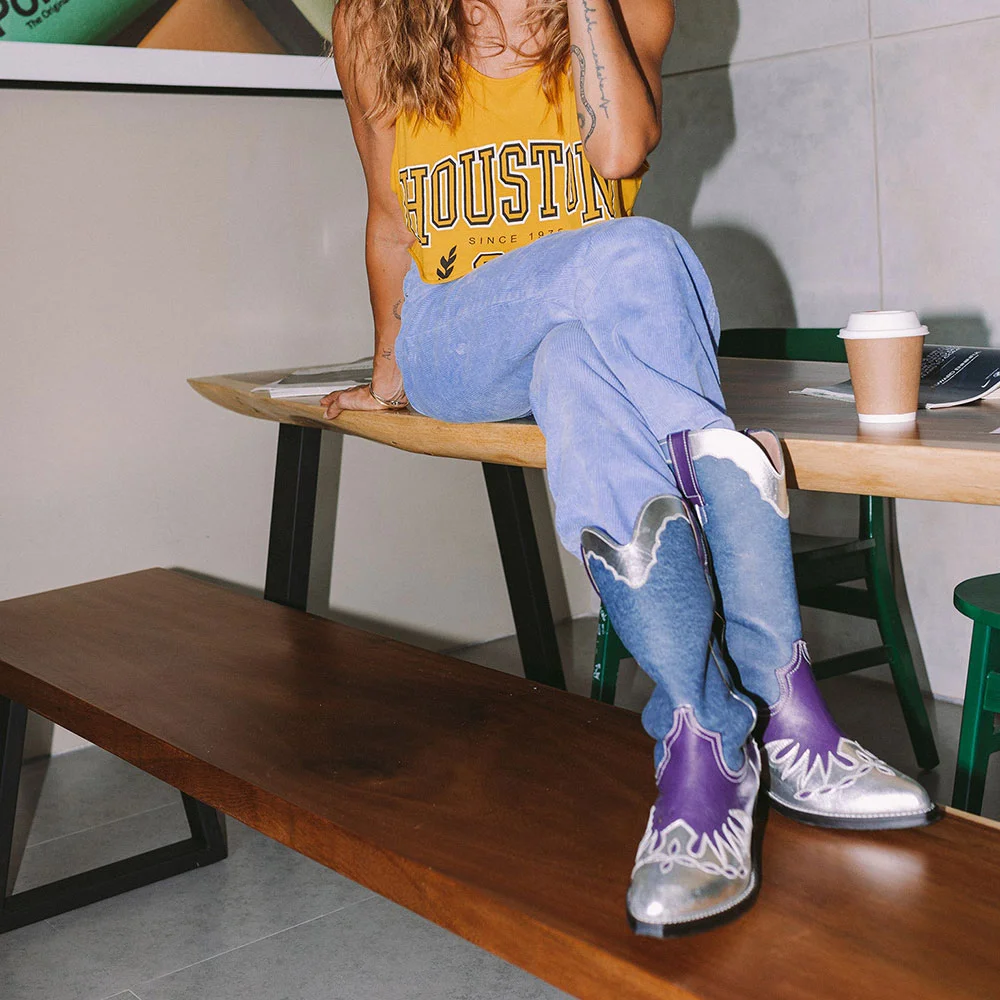 Multicolor Patchwork Pointed Toe Chunky Heel Cowgirl Boots for Women