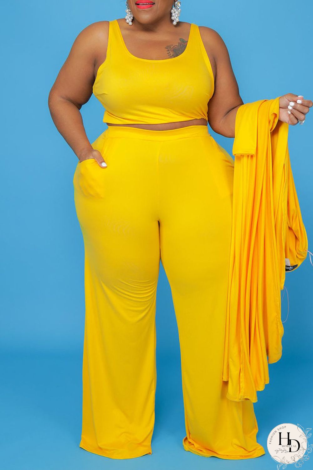 Yellow Casual Solid Patchwork U Neck Plus Size Two Pieces