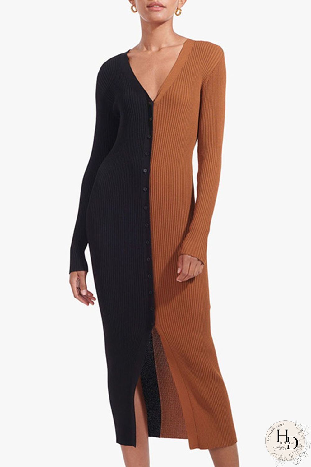 Black Brown Casual Solid Split Joint Buckle V Neck Straight Dresses