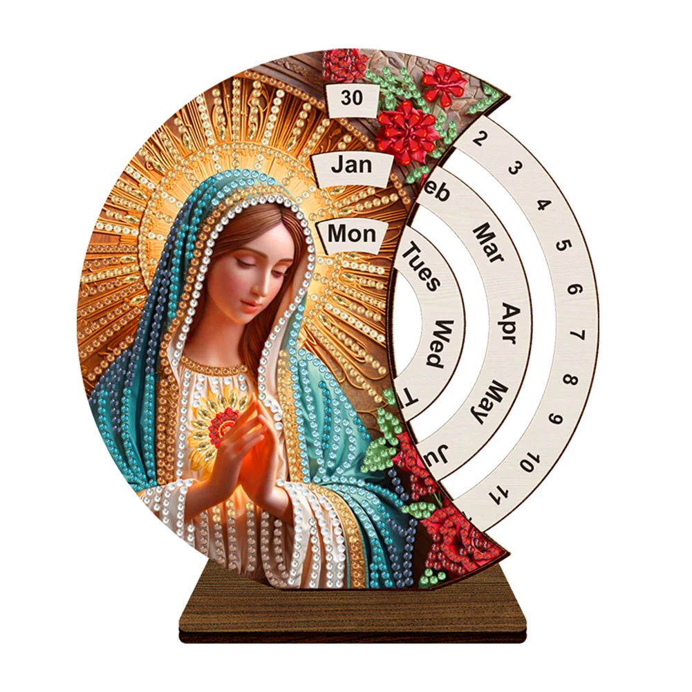 DIY Virgin Mary Wooden Special Shaped Diamond Painting Moon Perpetual Calendar