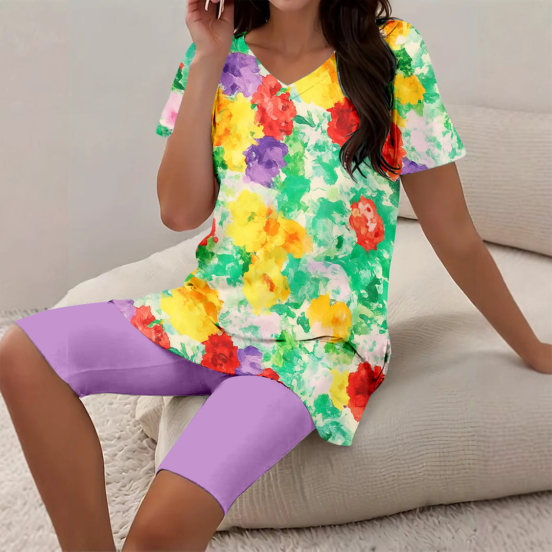 Women Long Sleeve V-neck Graphic Floral Printed Top