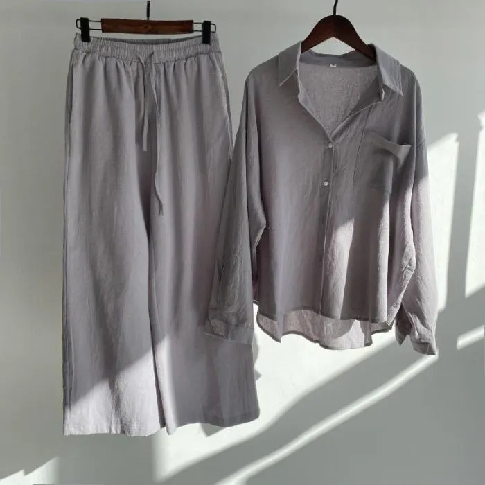 Women's Vintage Flower Embroidery Cotton Linen Shirt And Pants Two-piece Set