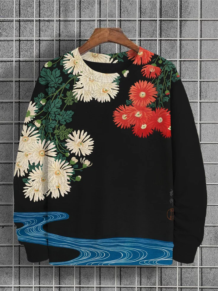 Men's Floral Japanese Illustration Print Casual Sweatshirt