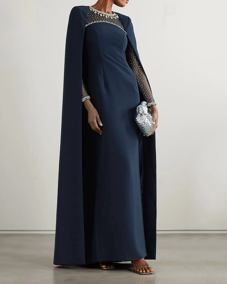 Loretta Cape-Effect Crystal Embellished Crepe Gown