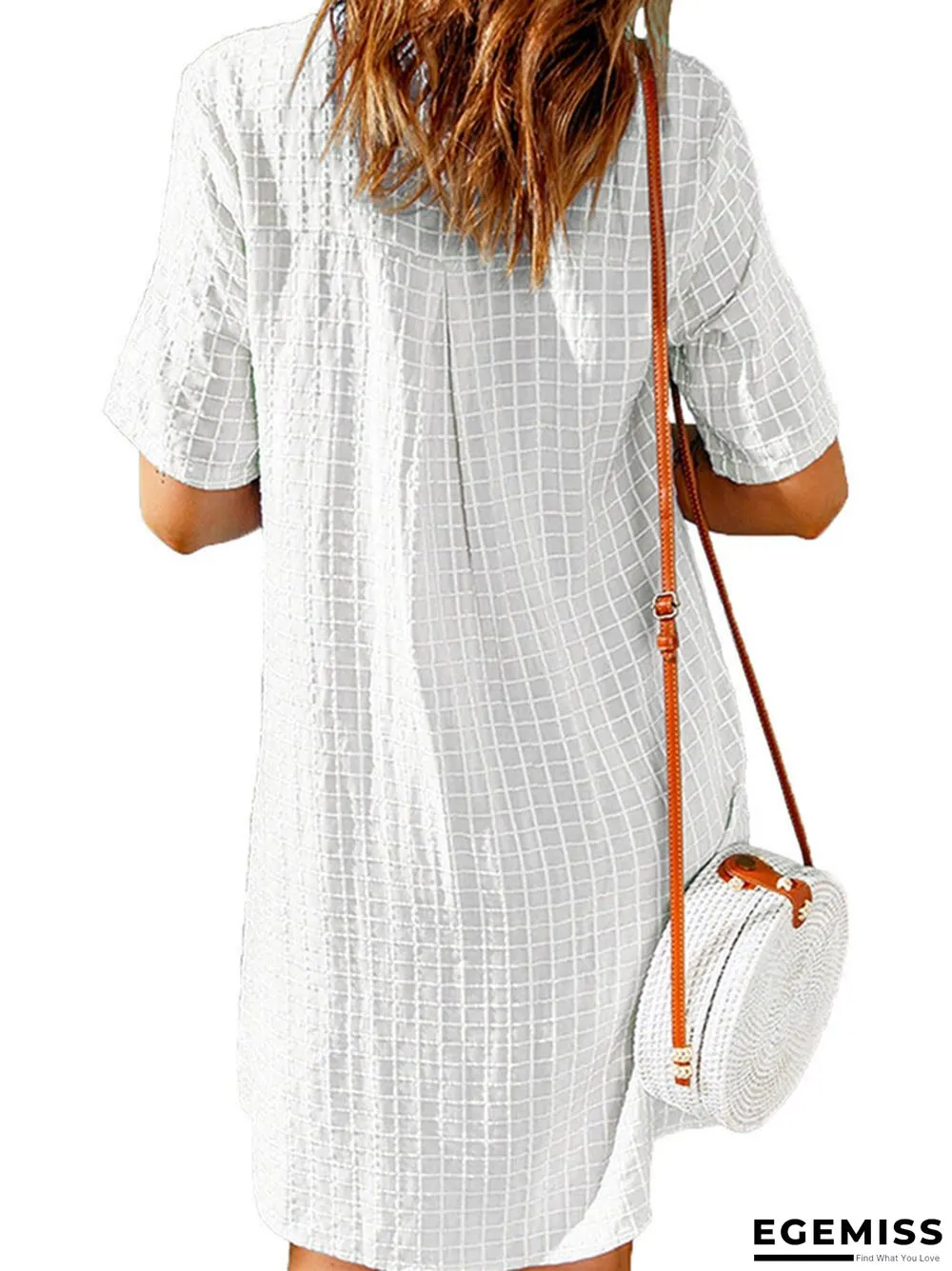 Women's Casual Shirt Short Skirt Lapel Plaid Loose Short Sleeve Dress White Dress | EGEMISS