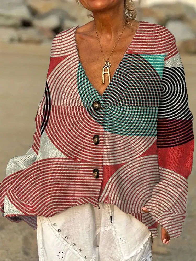 Women's Vintage Abstract Geometric Art Print Casual Pullover Sweater