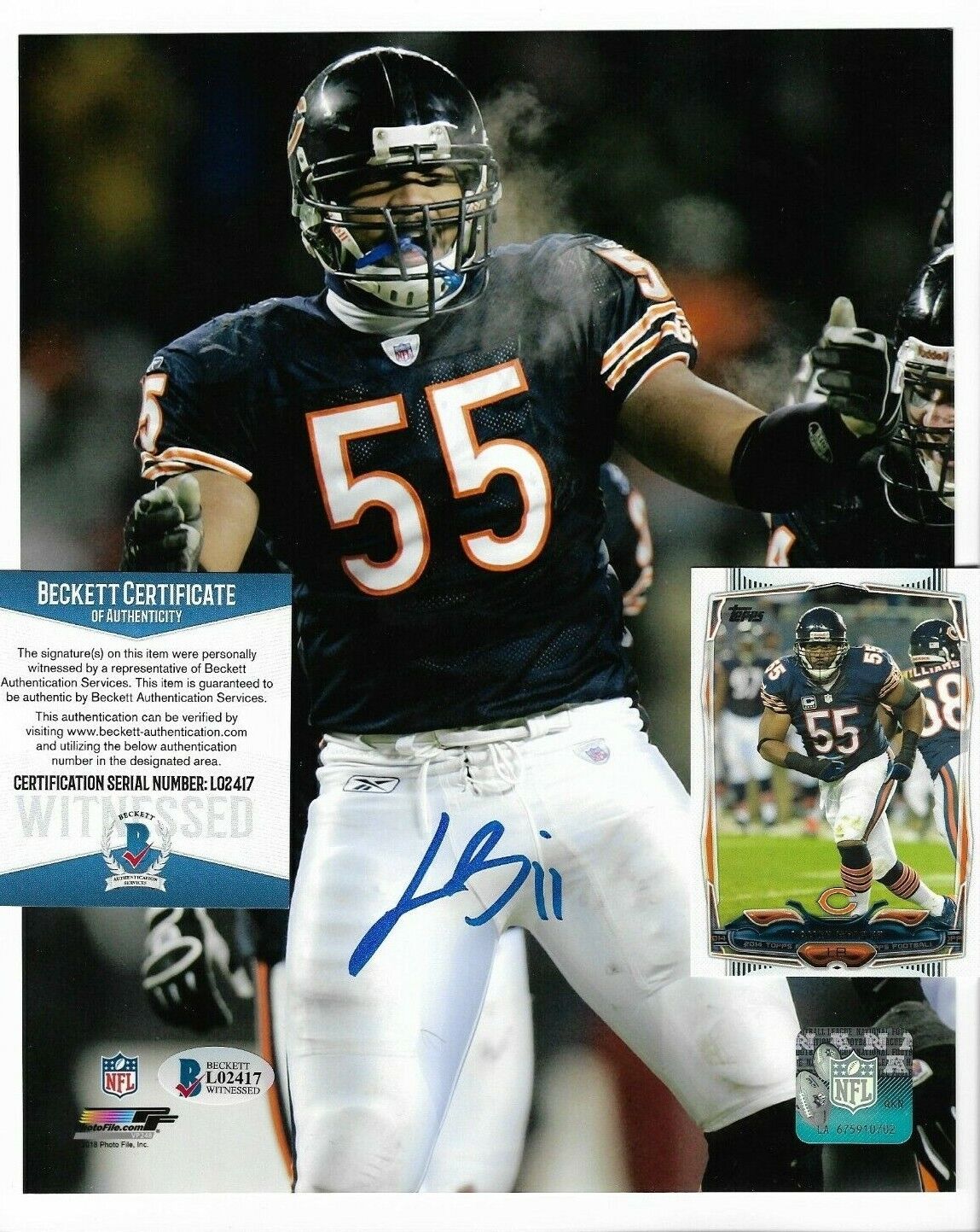 Autographed Chicago Bears Lance Briggs Signed 8x10 Photo Poster painting Beckett & Trading Card