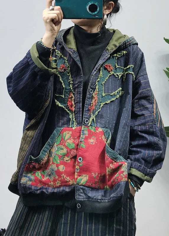 Retro Colorblock Embroideried Hooded Pockets Patchwork Coats Long Sleeve