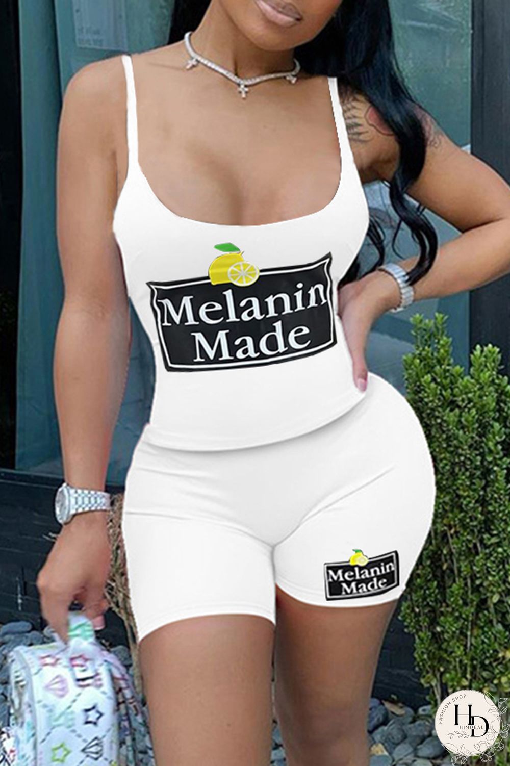 White Casual Living Print Vests Spaghetti Strap Sleeveless Two Pieces