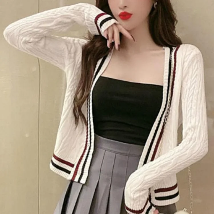 Black/White Preppy Style Stripe Cardigan Sweater SP14640