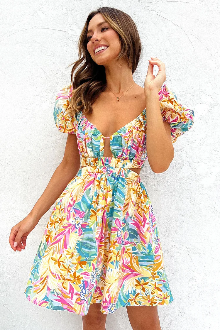 Multicolor Print Puff Sleeve V Neck Tie-Up Backless Mini Dresses