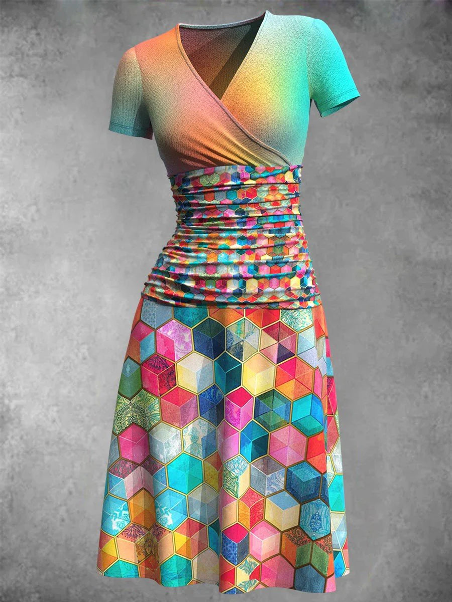 Gradient Geometric Art Print Vintage Pleated V-Neck Short-Sleeved Midi Dress