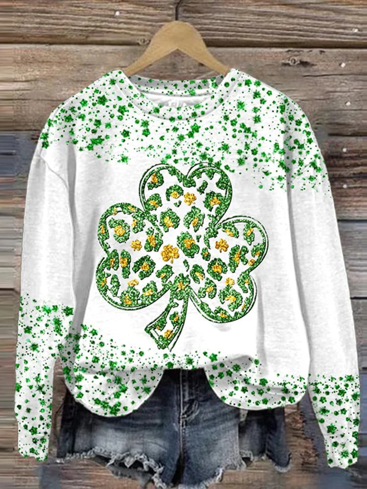 VChics St. Patrick's Day Shamrock Print Round Neck Sweatshirt