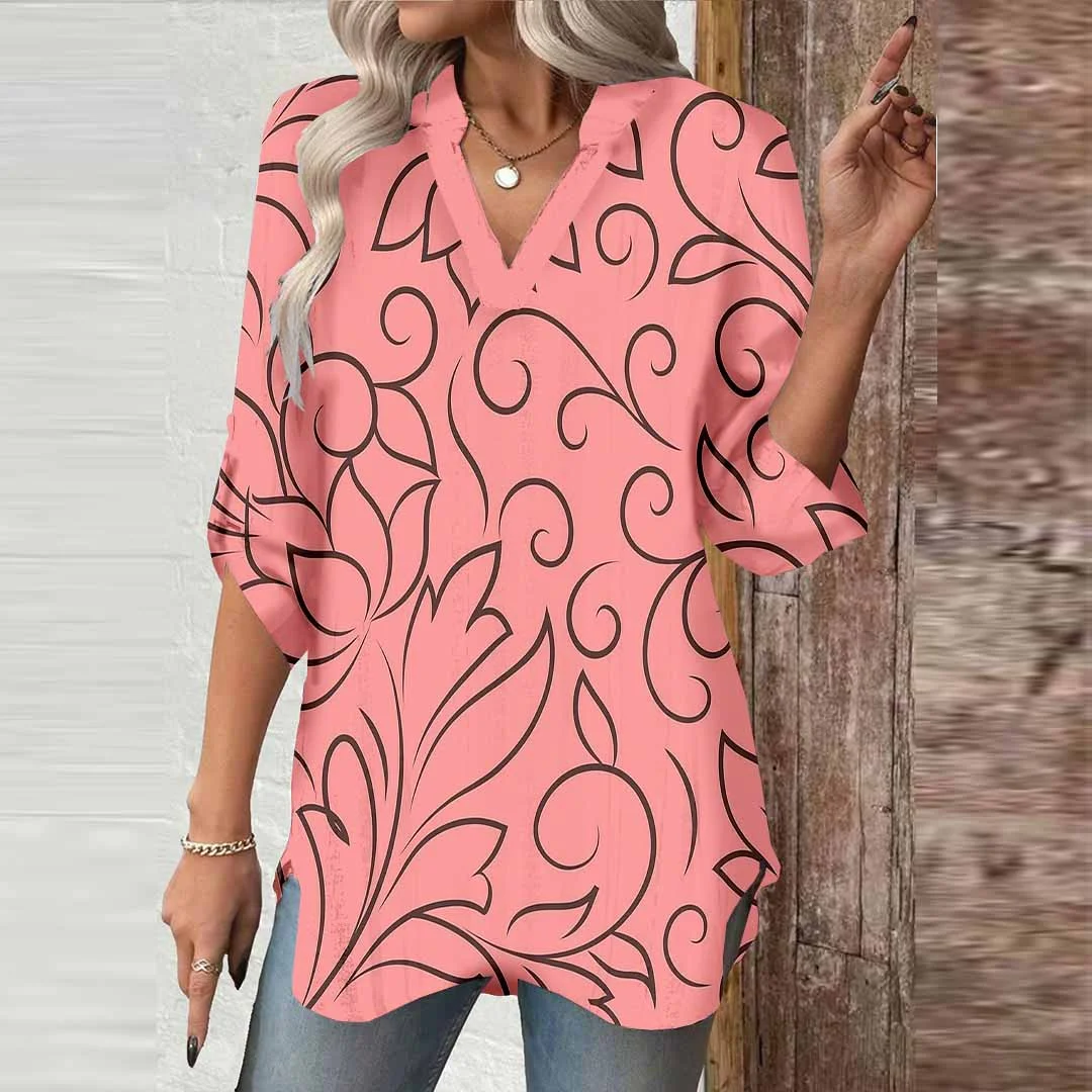 Women Geometric, Pink, Black DZGA0647 3/4 Sleeve V-neck Printed Graphic Button Tops