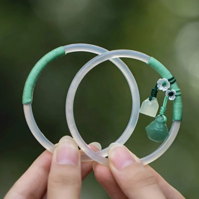 Natural Chalcedony Green Aventurine Lotus Bell Blessing Bracelet Bangle