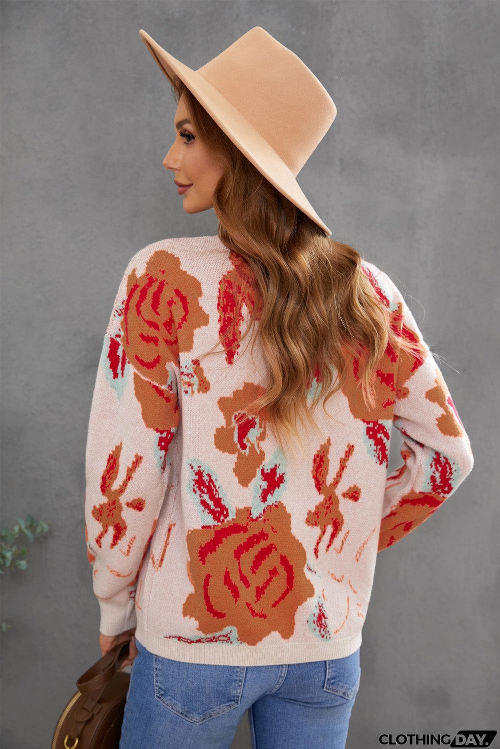 Floral Pattern Drop Shoulder Crew Neck Sweater