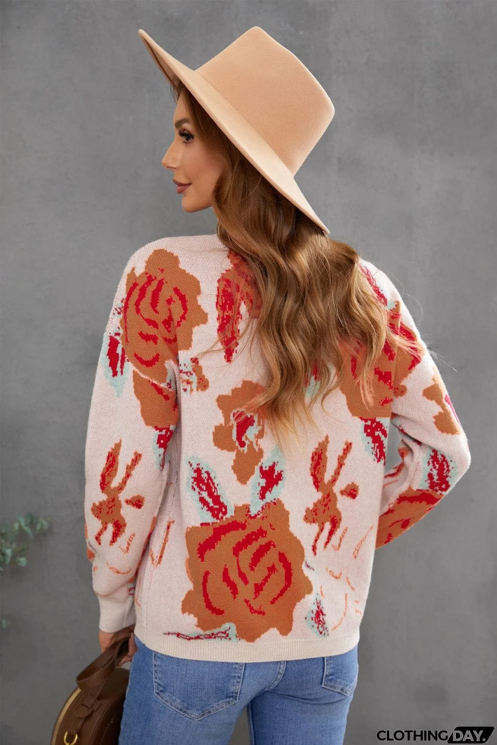 Floral Pattern Drop Shoulder Crew Neck Sweater