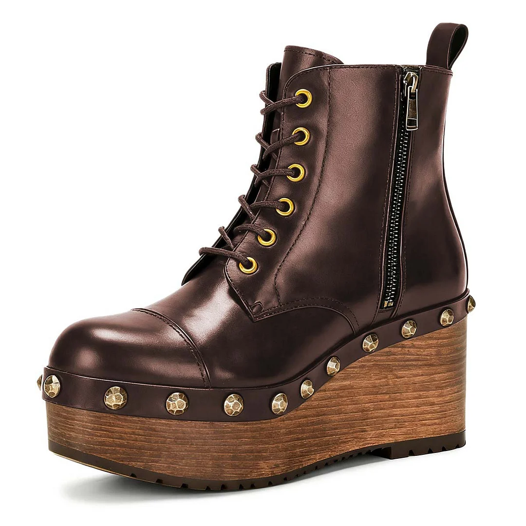 Chic Brown Platform Lace Up Zipper Wedge Heel Booties with Studded