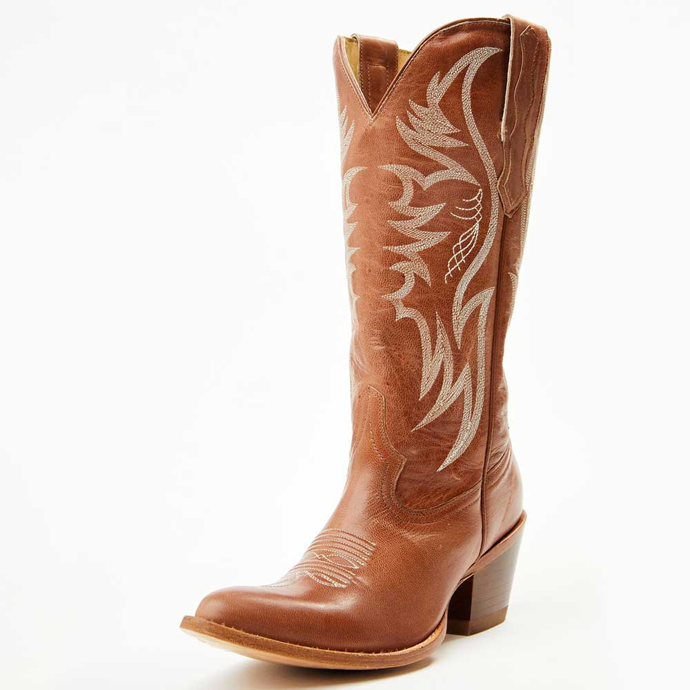 Brown Embroidered Almond Toe Chunky Heel Wide Calf Cowgirl Boots Nicepairs