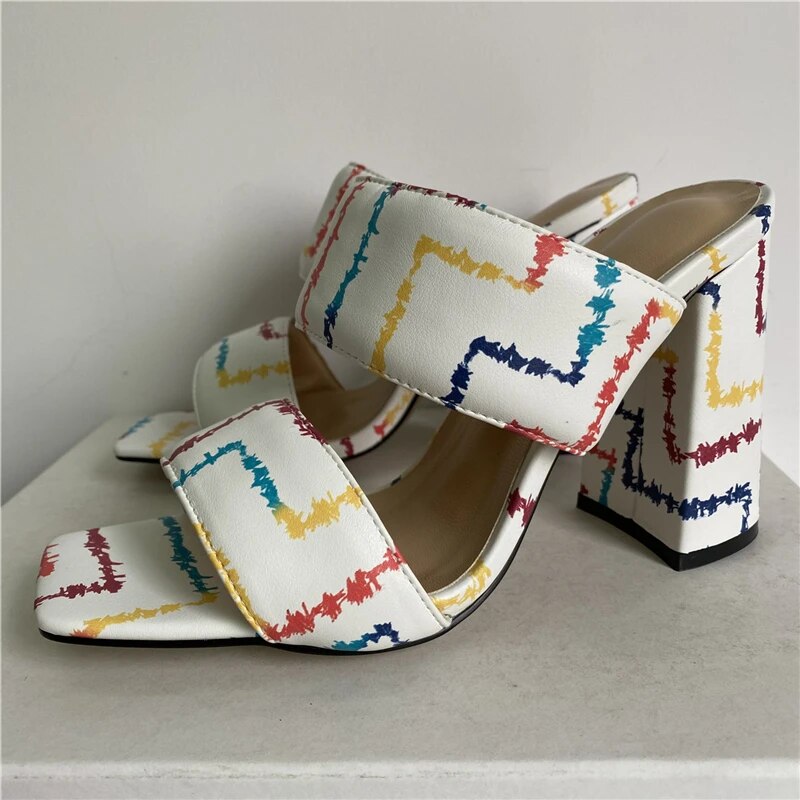 VCSHOES Graffiti Genuine Leather Band Sandals Women High Heel Square Open Toe Slingbacks Slim Mules For Girls