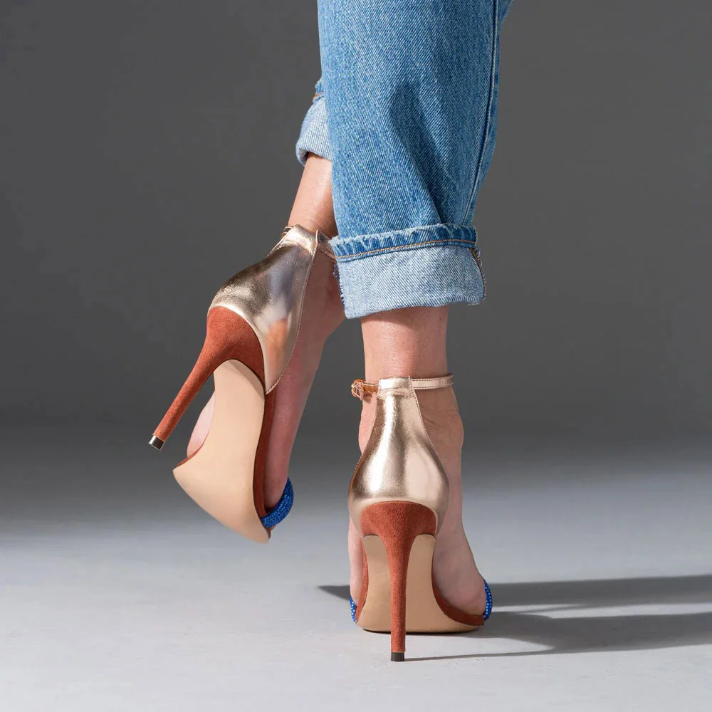 Blue & Gold Rhinestone Stiletto&nbsp;High Heel Ankle Strap Women Sandals