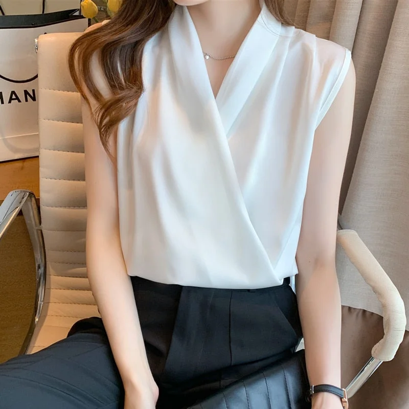 2021 New summer Fashion Womens Tops Blouses Chiffon Hedging shirt Solid color Sleeveless temperament V-Neck Loose Women Shirts