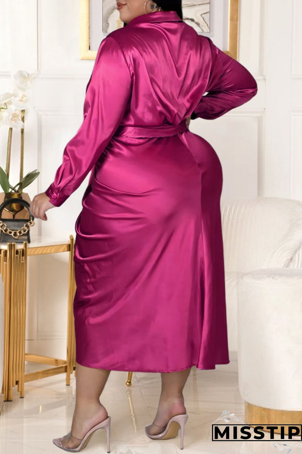 Black Fashion Casual Solid With Belt Turndown Collar Long Sleeve Plus Size Dresses