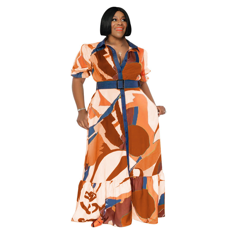 Plus Size Summer  Color Printing with Belt Loose  Women Clothing Dress