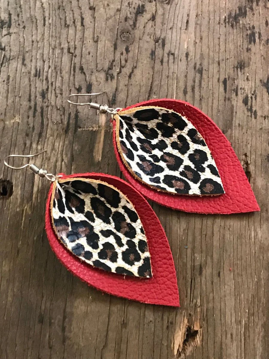 Black and Leopard Leather Earrings