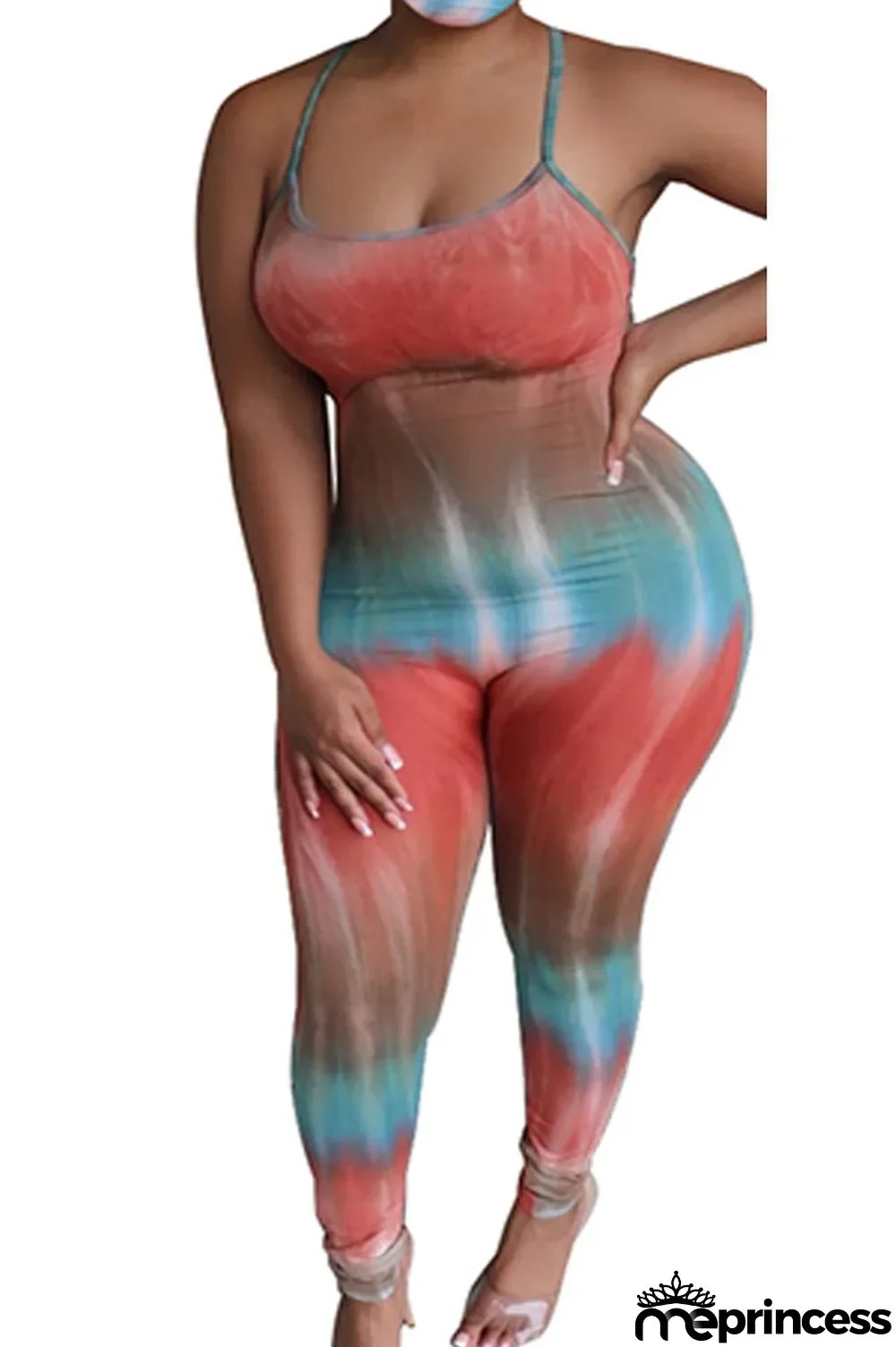 Blue Fashion Sexy Tie-dyed Sleeveless Slip Jumpsuits