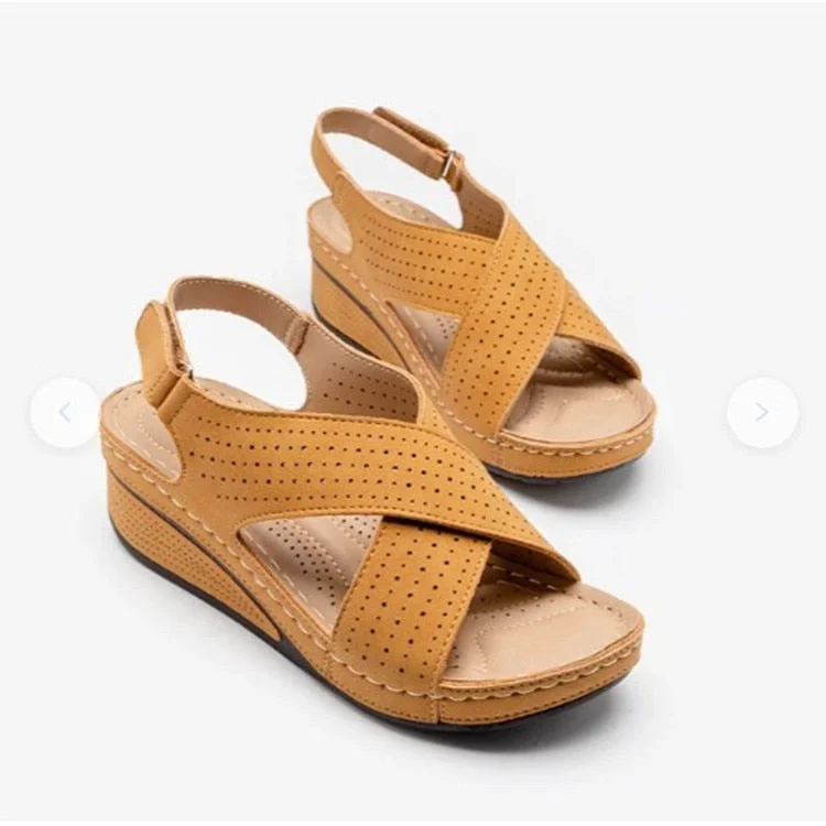 Women Shose Summer 2021 Casual Leather Sandals Velcro Retro Sandalis Women Plus Size Hollow Wedges Sandals