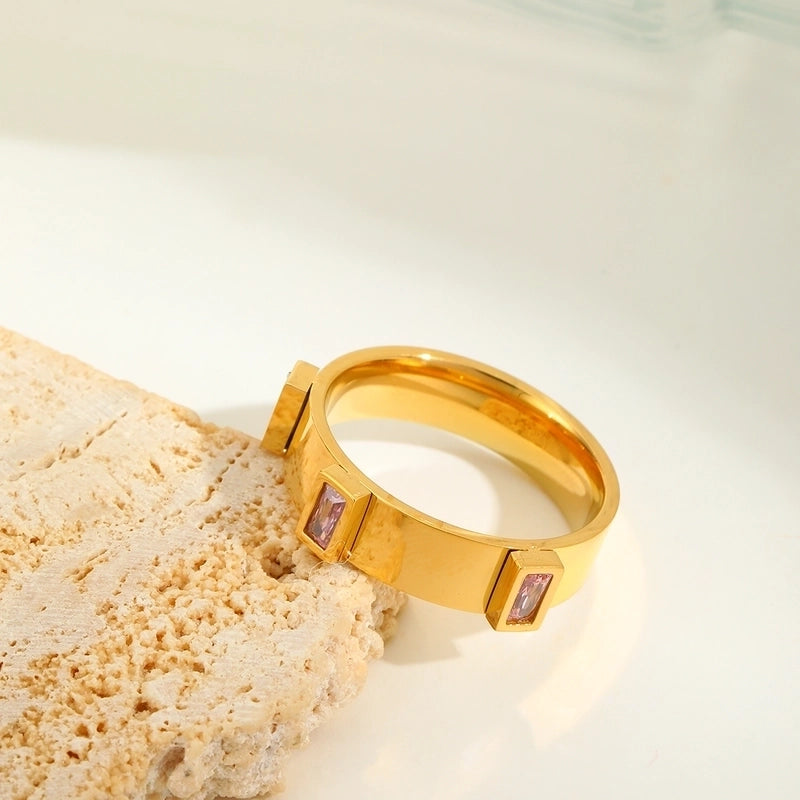 IG Style Basic Commute Solid Color 304 Stainless Steel Zircon 18K Gold Plated Plating Inlay Rings