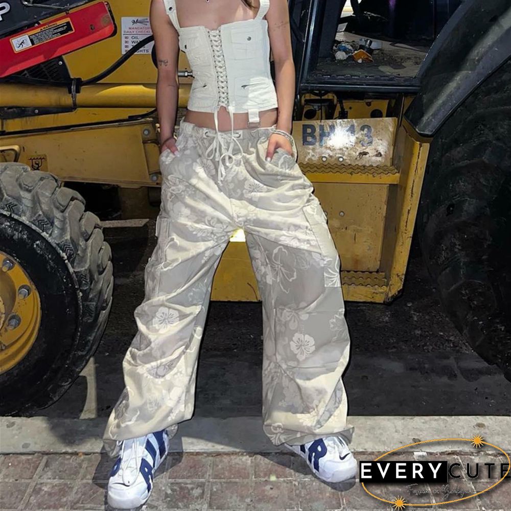 Floral Cargo Pants Women Aesthetic Drawstring Low Waist Baggy Trousers With Multi Pockets Sweatpants Streetwear