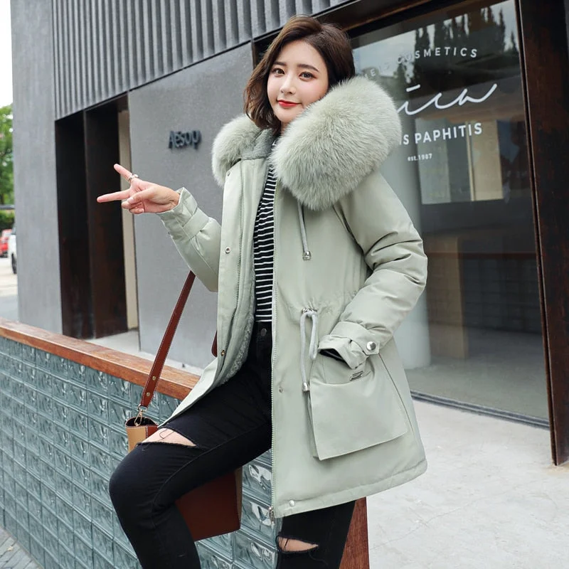 FTLZZ Large Fur Collar Hooded Jacket Winter Coat Women Thickness Cotton Padded Overcoat -30 Degree Snow Outwear Fur Lining Parka
