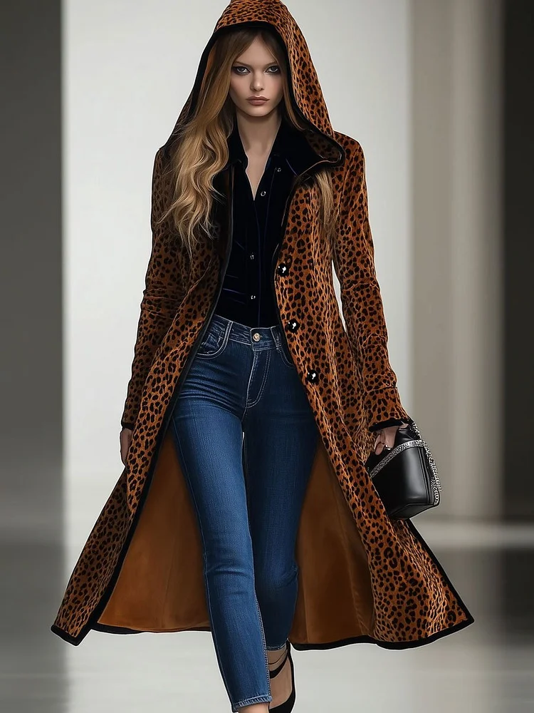 【24-hour shipping out】Casual Loose Vintage Velvet Leopard Print Black Trim Hooded Long Coat