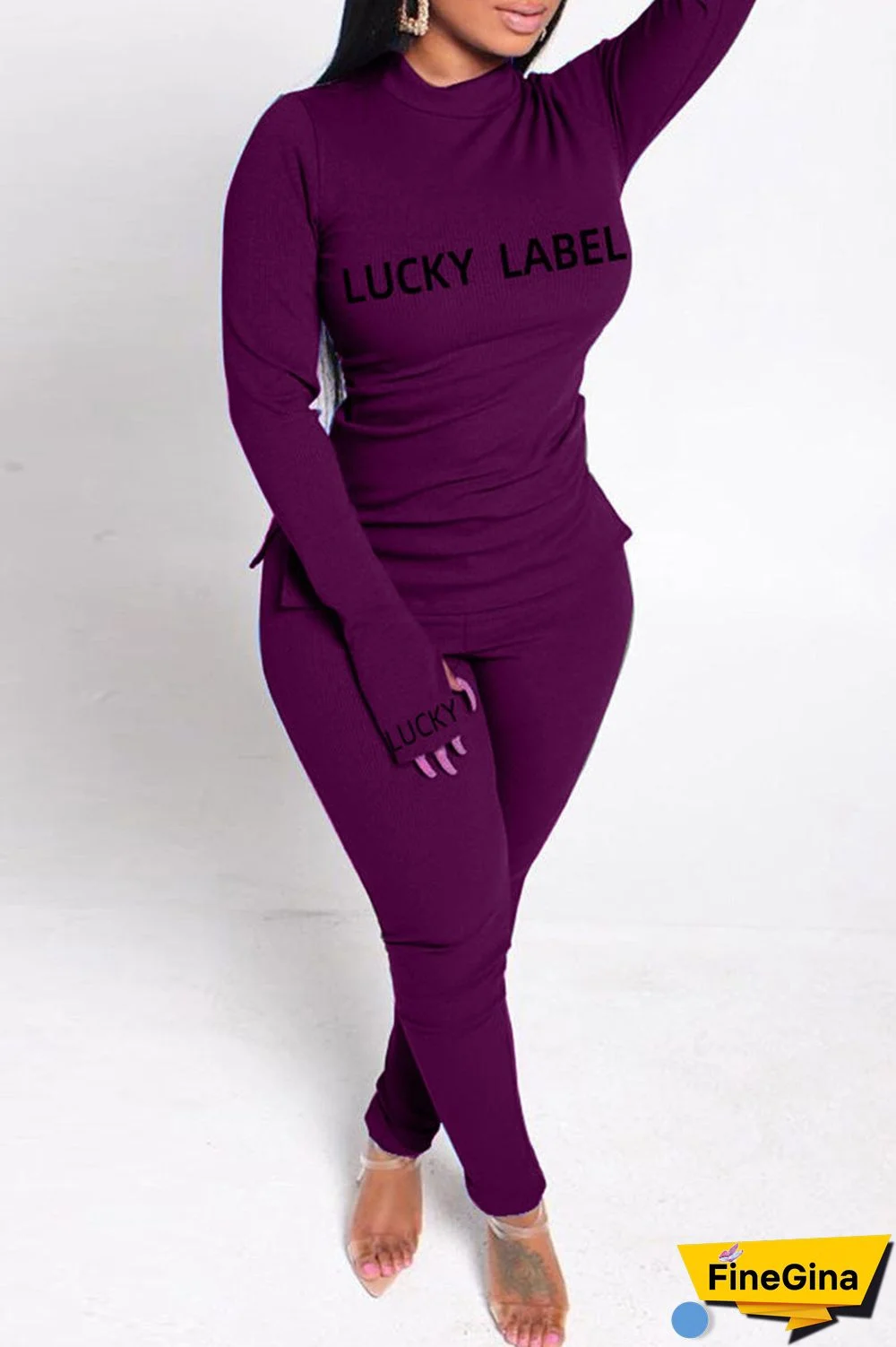 Fashion Casual Letter Print Basic Turtleneck Long Sleeve Two Pieces