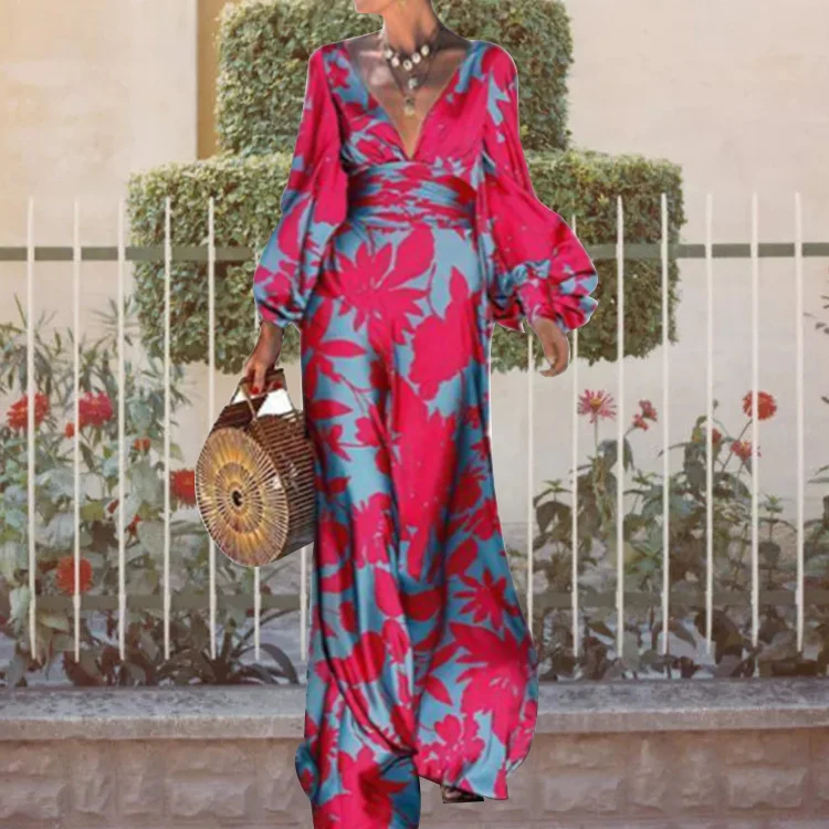 Brownm Brownm High-Waisted Commuter Dress Printed Lantern Sleeve V-Neck Winter Dress 661