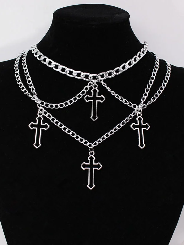 Gothic Dark Cross Silver Cutout Necklace 