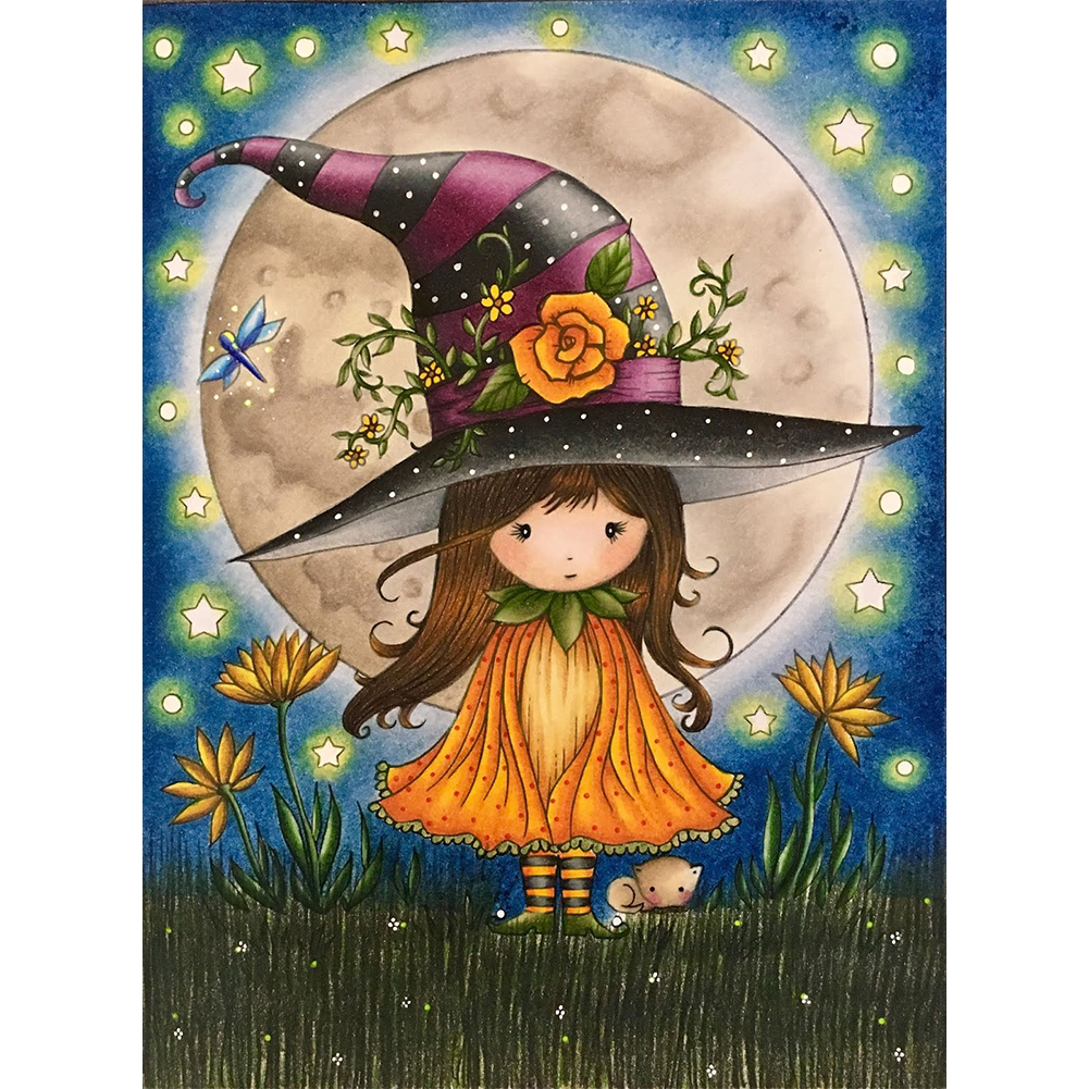 

30*40CM-Little Witch Cat Rhinestone-Round Drill Diamond Painting, 501 Original