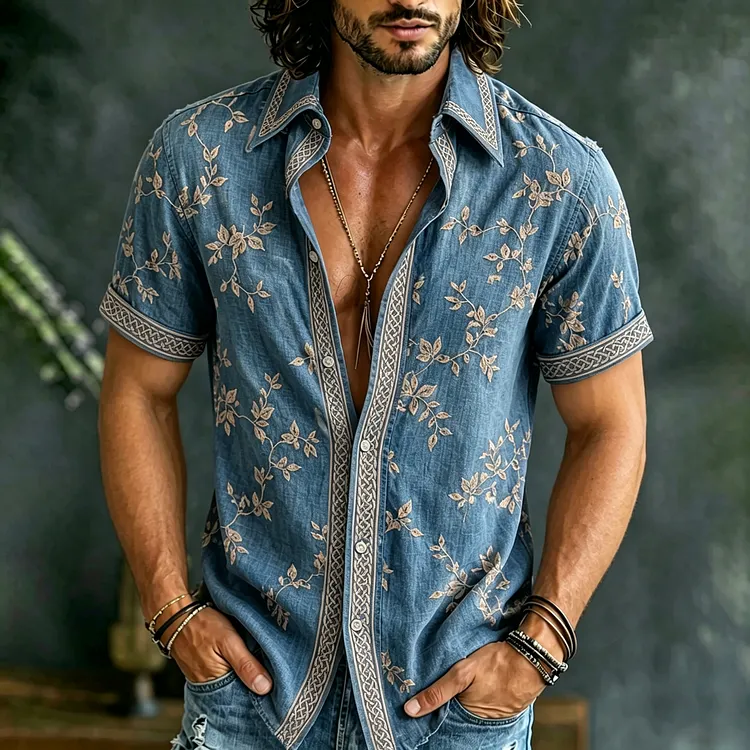 Men's Retro Floral Embroidered Short-sleeve Shirt