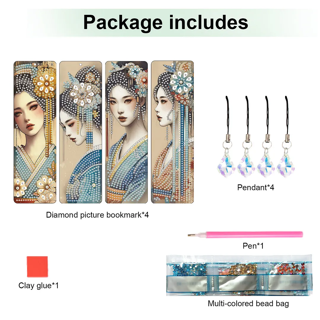4Pcs Oriental Beauty DIY Diamond Bookmark Art Projects Irregular Shaped Diamonds Diamond Painting Art Bookmarks with Crystal Pendants for DIY Making Beginners Adult Art Craft Supplies