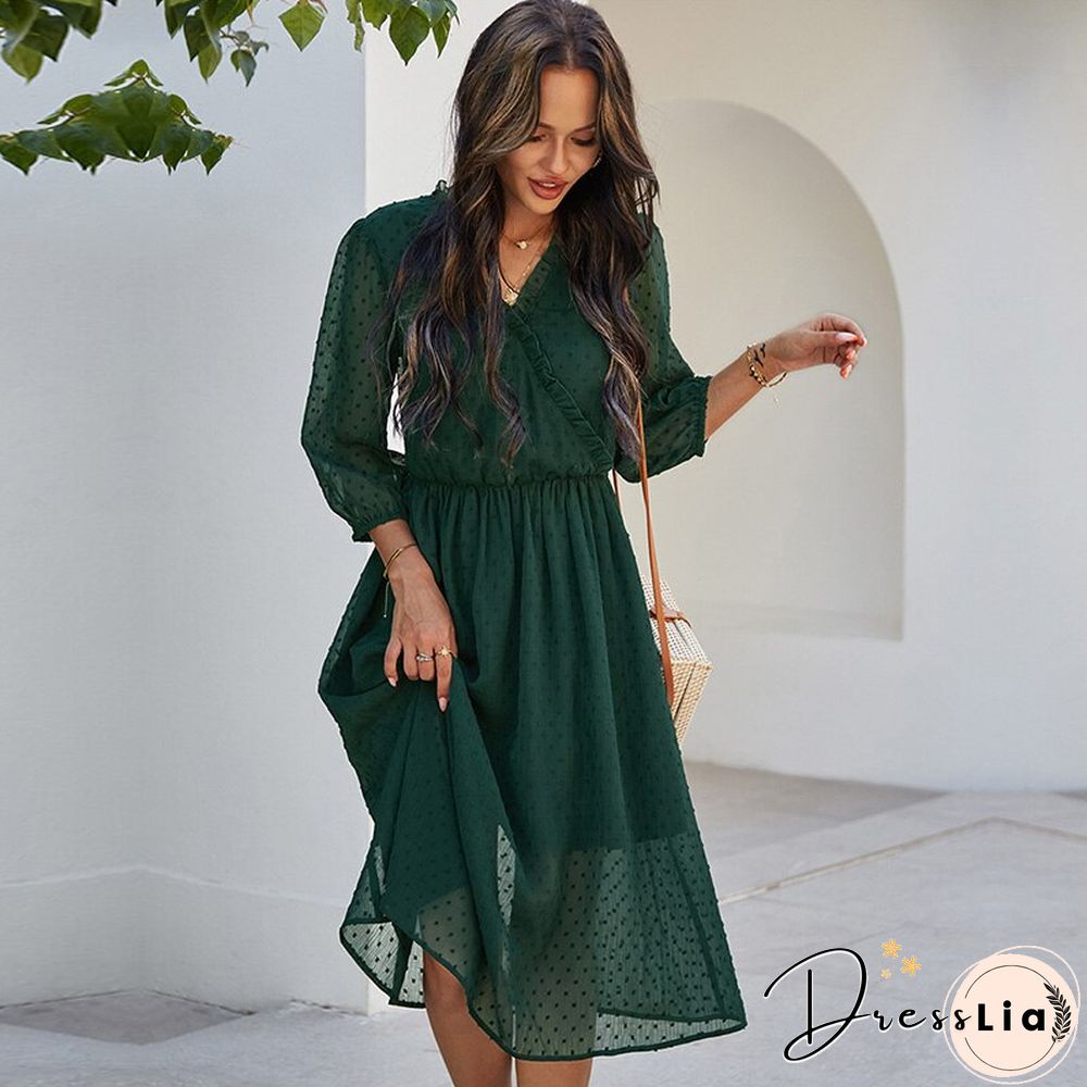 Spring New chiffon dress women casual solid color neck three quarter sleeve high waist
