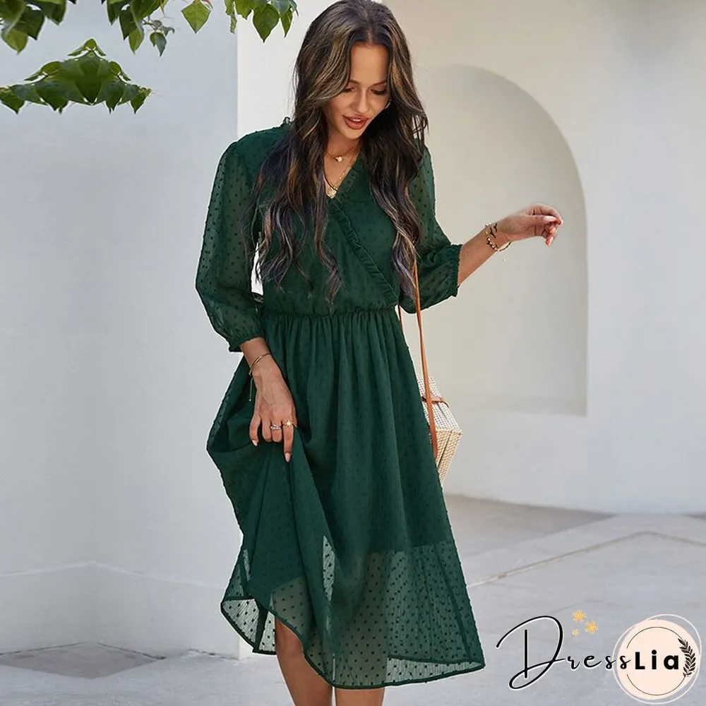 Spring New chiffon dress women casual solid color neck three quarter sleeve high waist