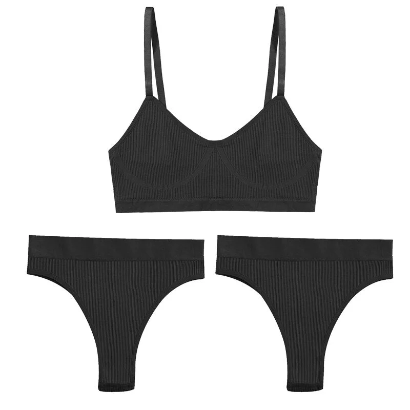 3PCS Bra Set Women Underwear Sexy High Waist Bodyshaper Briefs Thong Panties Female Bralette Lingerie Basic Top Active Brassiere