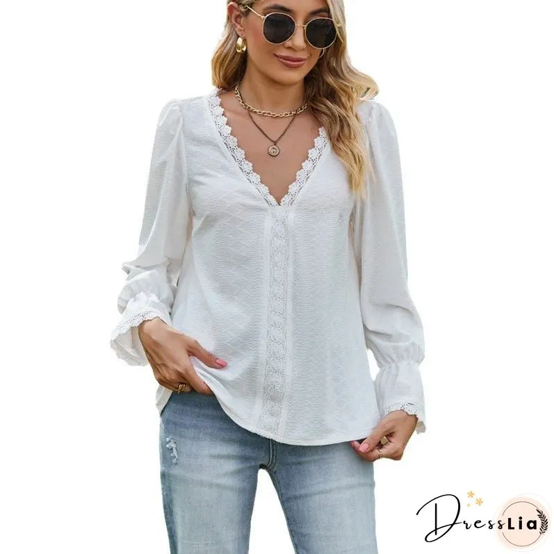 Women's Solid Color Pullover Stitching Lace Long-sleeved Blouses