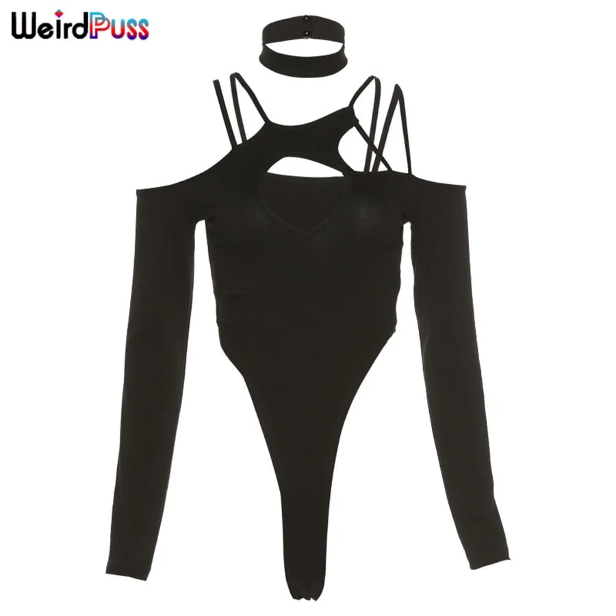 Weird Puss Y2K Sexy Hollow Bodysuit+Chic Necklet Long Sleeve Bodycon Women All Match Fashion Clubwear Autumn Skinny Black Tops