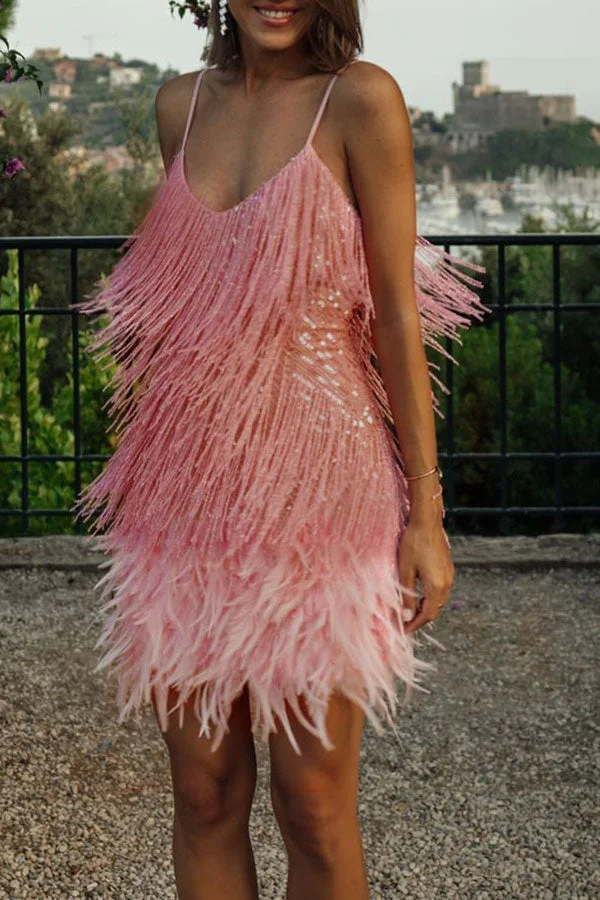 Feather&Sequined Sweet Mini Dress