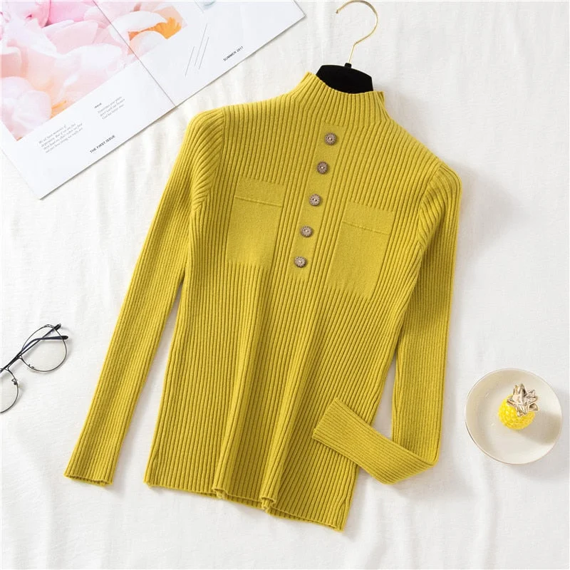 Zoki Pullover Women Sweater Autumn Knitted Button Long Sleeve Half Turtleneck Female Jumper Elastic Korean Fashion Blouse Top