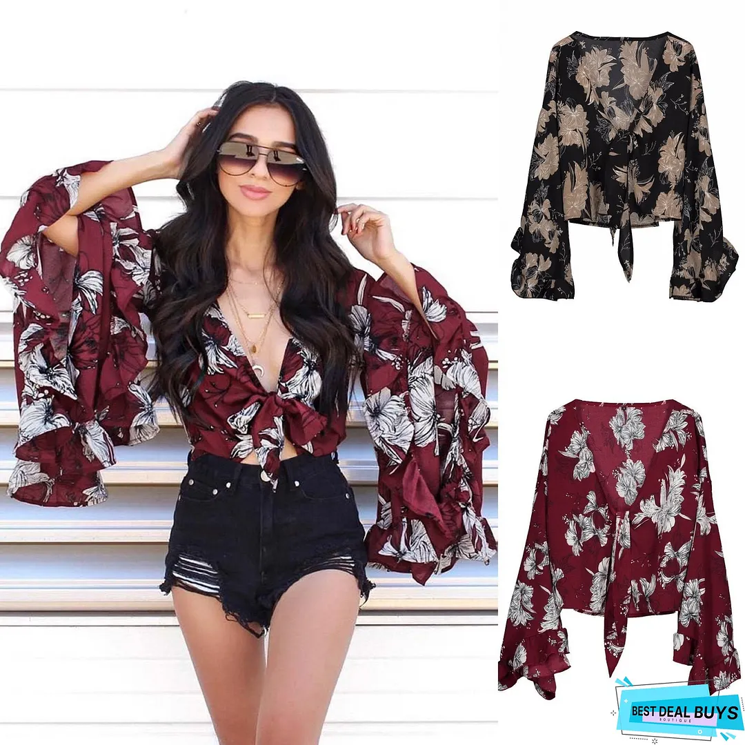 Flared Sleeve Ruffled Irregular V-Neck Top