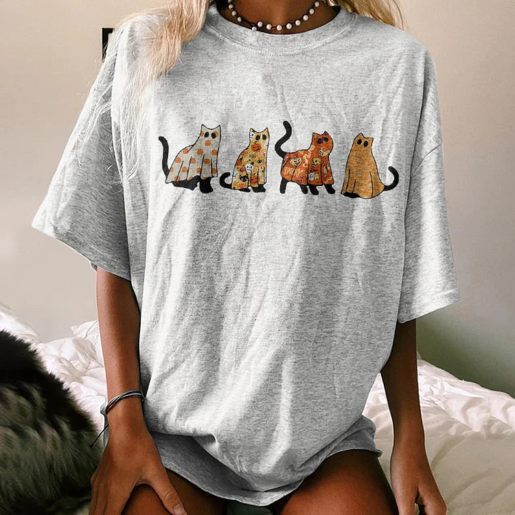 Vefave Cat Ghost Print Short Sleeve T-Shirt